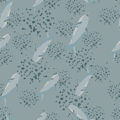 Decorative seamless pattern with random shark fish print. Grey background with splashes. Doodle print.