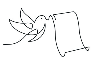 Continuous line drawing of bird carrying a scroll. Bird flying with scroll. Vector illustration