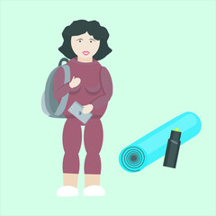 Girl with a backpack, travel mat and water bottles. Cartoon illustration