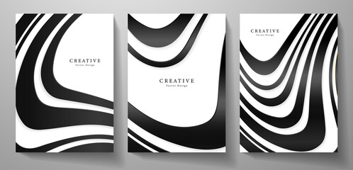 Black and white cover design set. Wavy background with line pattern (wavy curves). Platinum vector for business background, sport brochure template, grey planner, flyer a4, music poster