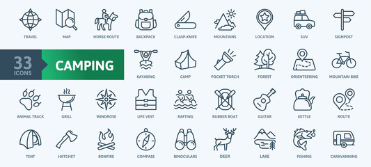 Domestic tourism, local tour, camping -  thin line web icon set. Outline icons collection. Simple vector illustration. - obrazy, fototapety, plakaty