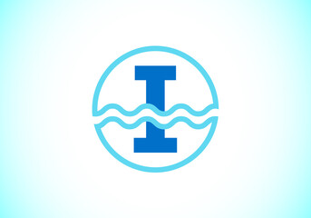 Initial I monogram alphabet in a circle with water waves. Water wave logo design. Logo for the ocean, sea-related business, and company identity