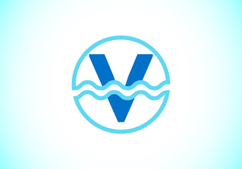 Initial V monogram alphabet in a circle with water waves. Water wave logo design. Logo for the ocean, sea-related business, and company identity