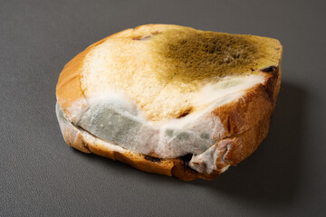 angle view moldy bread on a dark background