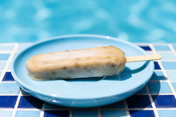 green bean popsicle starts melting on the edge of a swimming pool