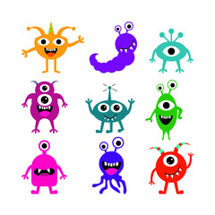alien, aliens, background, bacterium, bizarre, bright, caricature, cartoon, character, cheerful, children, collection, color, comics, creature, cute, design, devil, drawing, elements, eyes, fun, funny