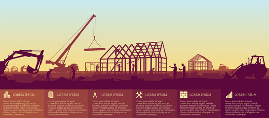 Construction of a country house. Provision of services in construction. Infographics for a website. Panoramic view of the construction site. A truck crane lifts a load. Stock vector illustration.