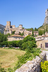 Fototapeta na wymiar Vue sur le village de Saint-Jean-de-Buèges et son château depuis les vignobles (Occitanie, France)