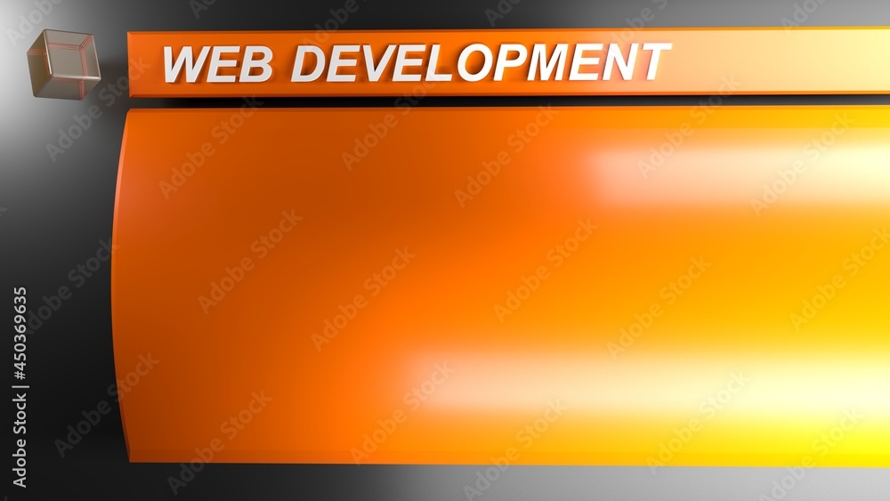 Poster web development black and orange background - 3d rendering illustration