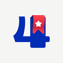 Cute and bold number four logo with a red bookmark ribbon and white star.