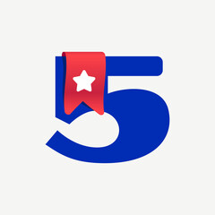 Cute and bold number five logo with a red bookmark ribbon and white star.