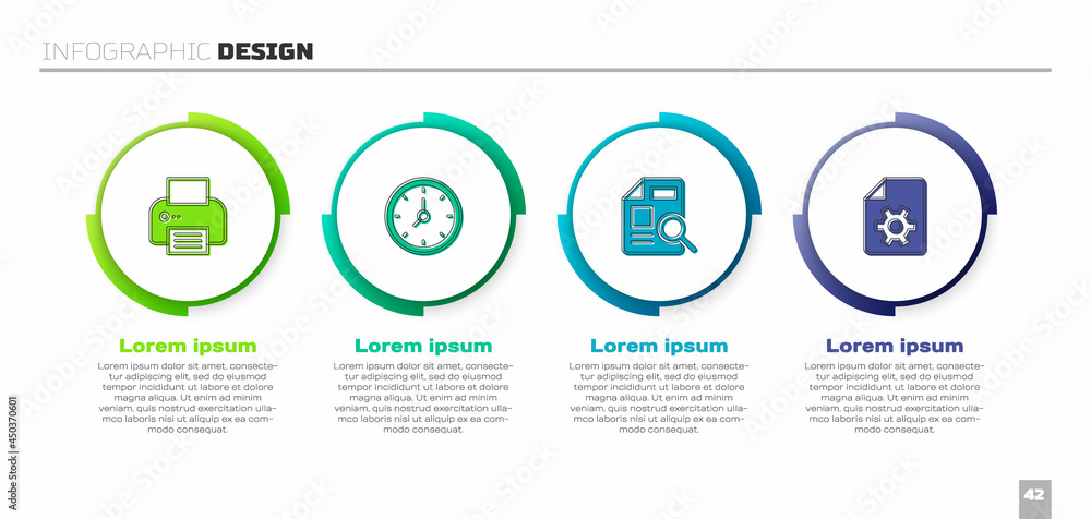 Poster set printer, clock, document with graph chart and settings. business infographic template. vector