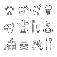 Dentist, orthodontics pattern with line style icons. Health care background for dentistry clinic. Outline dental care, medical equipment, braces, tooth prosthesis, caries treatment background