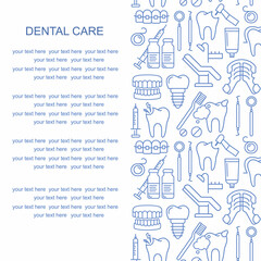 Dentist, orthodontics pattern with line style icons. Health care background for dentistry clinic. Outline dental care, medical equipment, braces, tooth prosthesis, caries treatment background