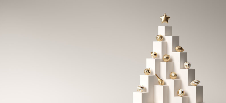 Minimal copy space for Christmas, New year and holiday season. Christmas tree with decoration bauble on beige background. 3d render illustration. Clipping path of each element included.