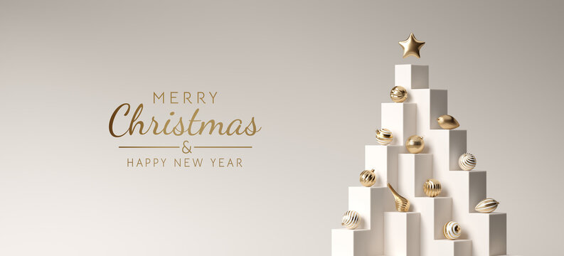 Minimal copy space for Christmas, New year and holiday season. Christmas tree with decoration bauble on beige background. 3d render illustration. Clipping path of each element included.