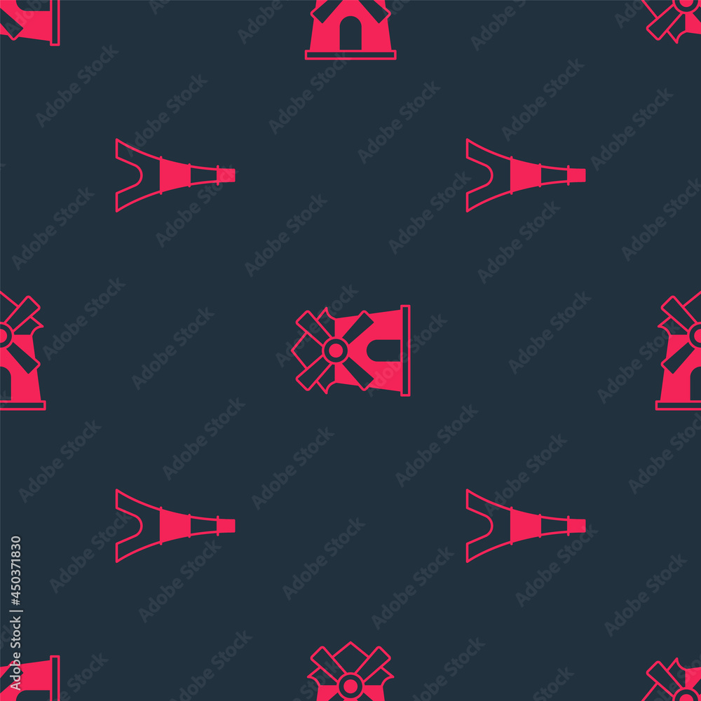 Poster Set Eiffel tower and Windmill on seamless pattern. Vector