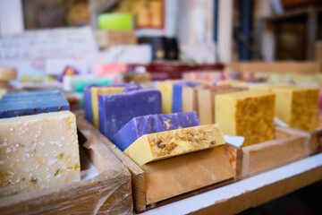 Natural traditional turkish bittim soap. Craft soap bars at traditional store counter. Handmade soap with natural additives and extracts. 