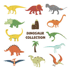 Dinosaurs collection. Parasaurolophus and gallimimus, pterosaur and triceratops, stegosaurus and hadrosaurus. Omnivorous animal, predators and herbivores, Jurassic. Vector illustration hand drawn set
