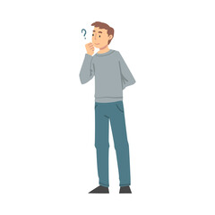 Thoughtful Man Character and Question Mark Thinking Over the Matter Vector Illustration