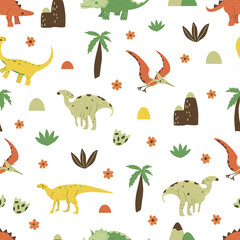 Fototapeta premium Seamless pattern Dinosaurs parasaurolophus and gallimimus, pterosaur and triceratops. Omnivorous animal, extinct ancient reptile, Jurassic period. Colorful vector illustration hand drawn wrapping