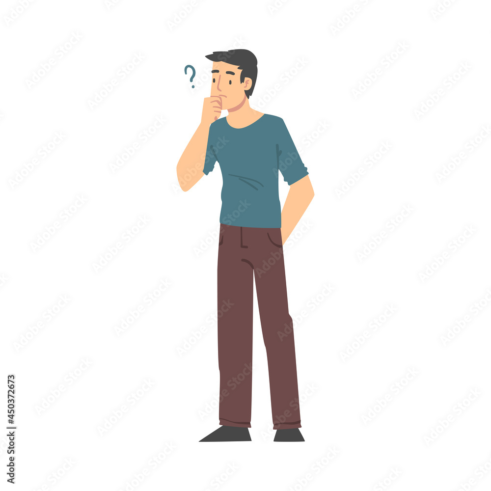 Poster thoughtful man character with hand on chin and question mark thinking over the matter vector illustr
