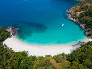 Aerial view tropical beach and sea Top down view of drone. Andaman sea Phuket Thailand.