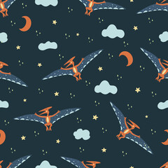 Seamless pattern Pterosaur. Flying archosaurus pterodactyl, extinct ancient winged lizard, Jurassic period. Night sky with stars, clouds and crescent. Colorful vector illustration hand drawn © Ольга Е