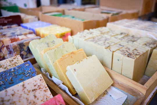 Natural traditional turkish bittim soap. Craft soap bars at traditional store counter. Handmade soap with natural additives and extracts. 