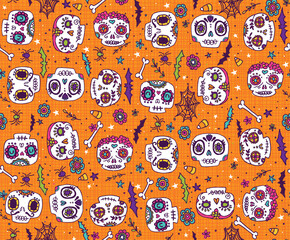 Doodle Sugar Skull Characters celebrating Halloween in a fun, spooky seamless vector pattern repeat. Repeating patterns are great for webpage backgrounds, packaging, or surface designs.