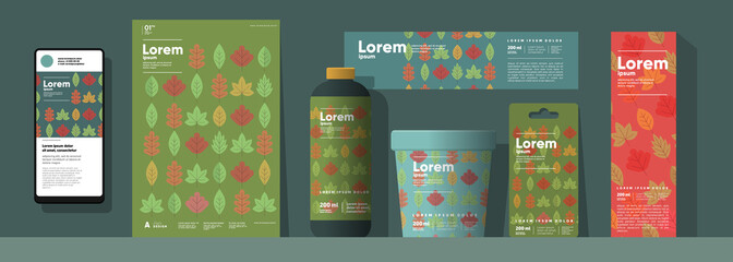 Autumn backgrounds. An example of the use of vector illustrations on labels, packaging. Corporate identity and branding. Design templates in different sizes.
