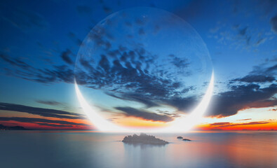 Abstract background with Crescent moon over the sea at sunset