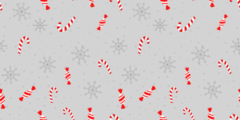 Candy cane and snowflake seamless pattern. Christmas background vector illustration. For wrapping paper, design, postcard, fabric, baby clothes, baby room. Christmas and New Year concept.