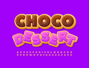 Vector sign Choco Dessert for Cafe, Bakery, Shop. Delicious Donut style Alphabet Letters and Numbers set. Violet icing Font
