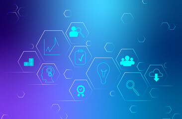digital data grid with hexagons and icons on gradient blue background