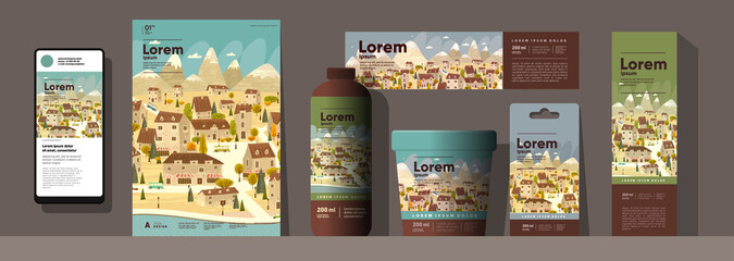 Autumn backgrounds. City landscape. An example of the use of vector illustrations on labels, packaging. Corporate identity and branding. Design templates in different sizes.