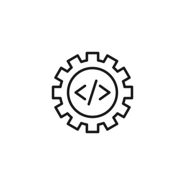 Line icon of symbols for coding inside gear with teeth
