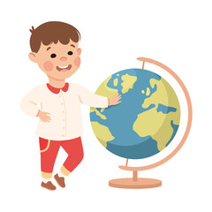 Cute Boy with Huge Globe as School Stationery Vector Illustration