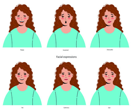 Curly-haired Woman With A Different Set Of Facial Expressions.