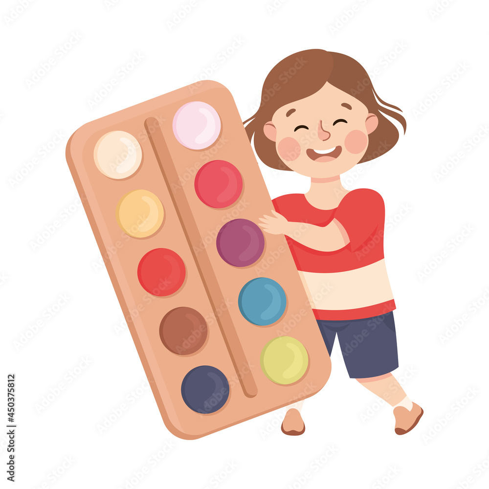 Sticker Cute Girl with Huge Watercolour Paints as School Stationery Vector Illustration