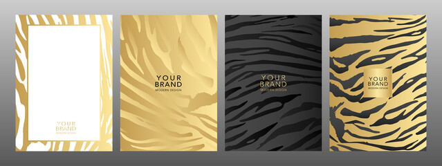 Modern cover, frame safari set. Gold tiger print luxury background. Abstract wavy line pattern print on backdrop. Premium luxury stripes vector collection for brochure, template, restaurant menu. © Olga Tsikarishvili