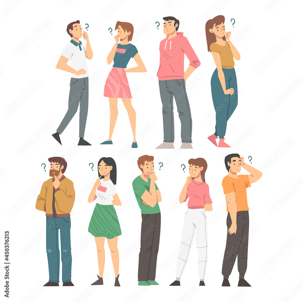 Poster thoughtful people characters with hands on chin and question mark thinking over the matter vector se