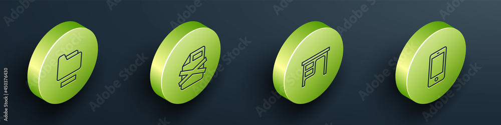 Poster set isometric line document folder, delete file document, office desk and mobile phone icon. vector