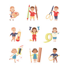 Cute Children with Huge School Stationery Like Palette and Scissors Vector Set