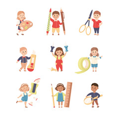 Fototapeta premium Cute Children with Huge School Stationery Like Palette and Scissors Vector Set