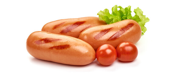 Barbecued pork sausages, isolated on white background.