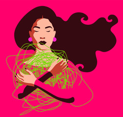 PSYCHOPATHOLOGY – MENTAL HEALTH DISORDER - woman hugged in a knot on a pink background - neurotic