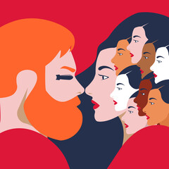 Obraz premium FEMINISM - gender equality - violence against women - man facing women over red background - misogyny