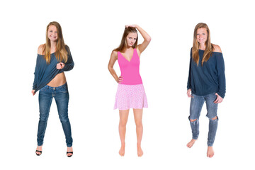Fototapeta premium Three full length portraits of a beautiful young woman wearing casual summer clothes, isolated on white studio background