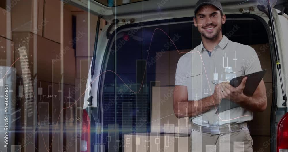 Poster animation of statistics processing over delivery man with clipboard and cardboard boxes